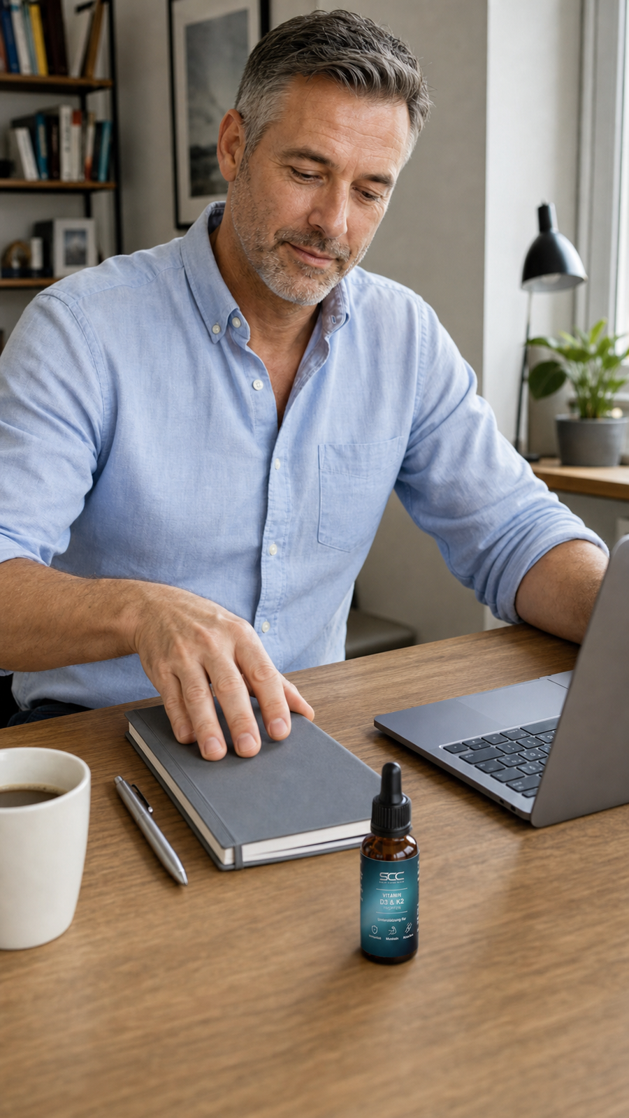 Klant met Vitamin D3 en K2 aan bureau
